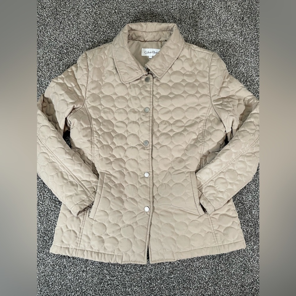 Calvin Klein Womens Large Quilted Jacket Button Up Collar Fleece Lined Polyester
